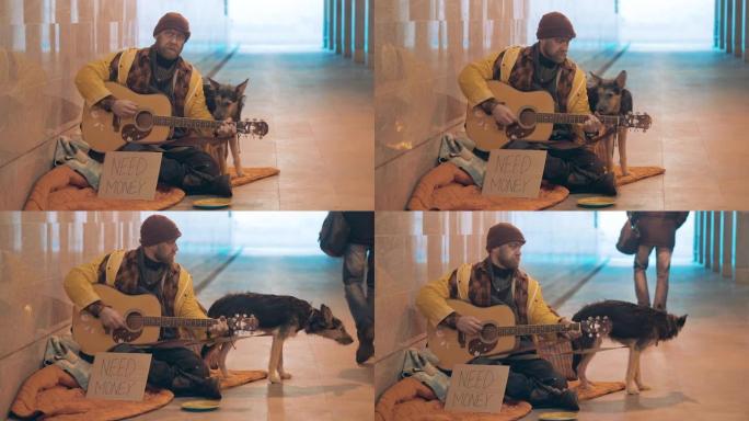 一个无家可归的人正在弹吉他，旁边有一只狗