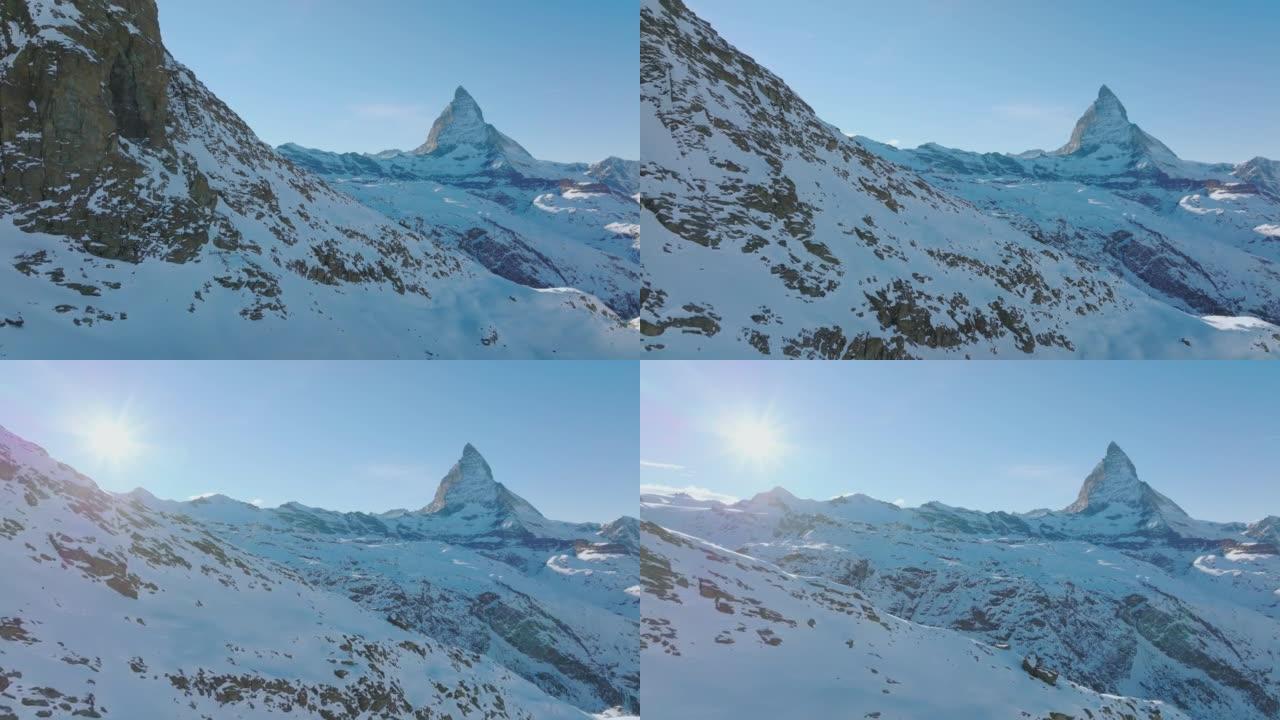 Aerial Drone Matterhorn mountain in winter sunny d