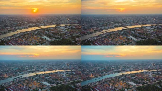 泰国曼谷市的鸟瞰图日夜时间流逝地标。