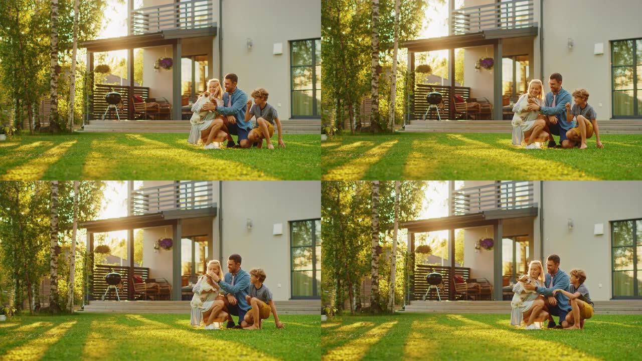 微笑的父亲，母亲和儿子宠物和玩杰克罗素梗猎犬狗。阳光照耀着田园诗般的幸福家庭，忠诚的血统狗在田园诗般