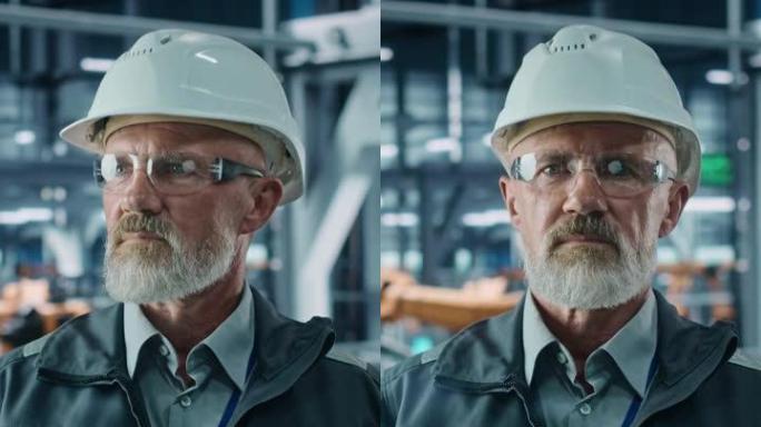 垂直屏幕。汽车厂办公室: 高级白人男总工程师看着相机微笑的肖像。高科技设施自动化机器人手臂装配线制造