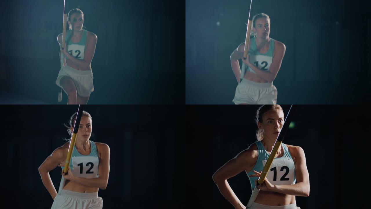 撑杆跳跳高冠军: 职业女运动员撑杆跑的肖像。冠军在训练中的决心、动力、努力。戏剧性的灯光，慢动作运动