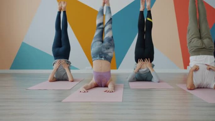 瑜伽课在工作室的垫子上练习反向体式，将腿伸到地板上