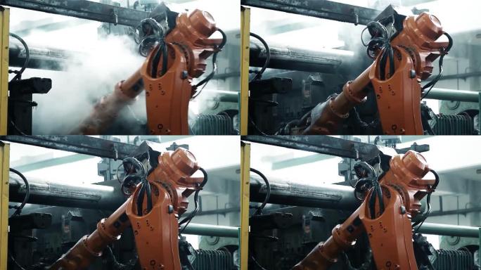 工厂生产线中的工业机器人手臂。4k分辨率。