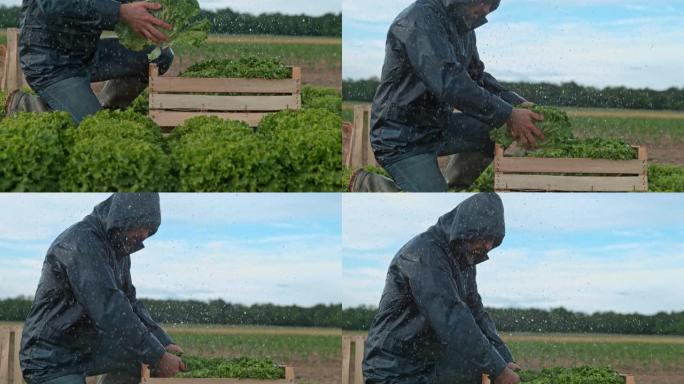 超级SLO MO农民在雨中在田间工作时将生菜堆放在板条箱中