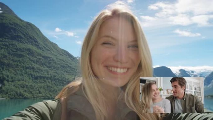快乐旅行女人视频与朋友聊天吹吻分享假期在挪威玩得开心展示湖泊和自然