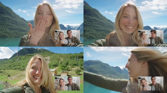 快乐旅行女人视频与朋友聊天吹吻分享假期在挪威玩得开心展示湖泊和自然