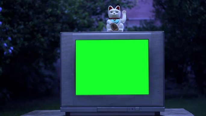 Maneki Neko猫和绿屏旧电视。夜色。