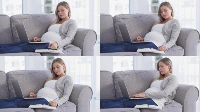 4k视频片段，一名孕妇在家里的沙发上放松时使用笔记本电脑