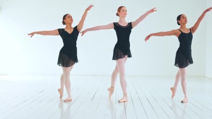芭蕾舞，团体女舞者以及在学院或专业艺术家职业中进行舞蹈表演的工作室培训。创意，平衡和女孩团队在模拟舞
