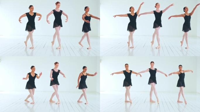 芭蕾舞，团体女舞者以及在学院或专业艺术家职业中进行舞蹈表演的工作室培训。创意，平衡和女孩团队在模拟舞