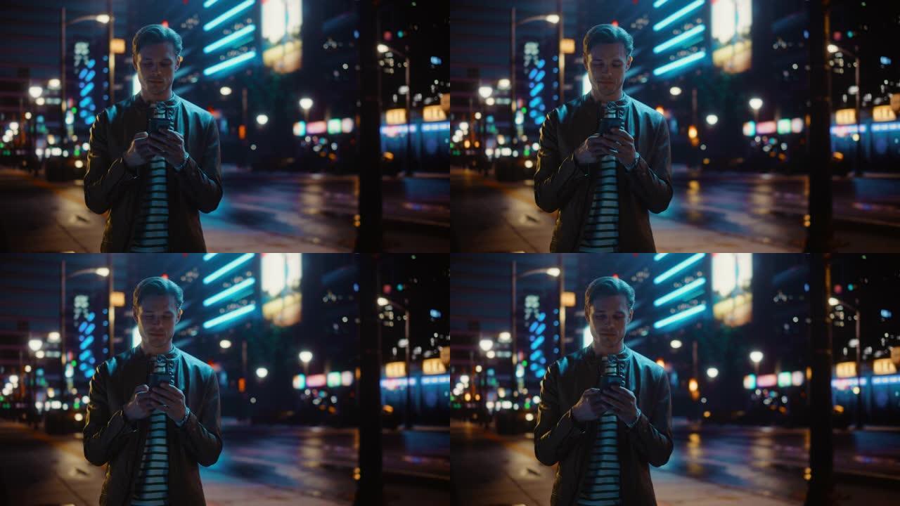 英俊的年轻人的肖像使用智能手机站在充满霓虹灯的夜城街道上。微笑的时尚金发男性使用手机进行社交媒体发布