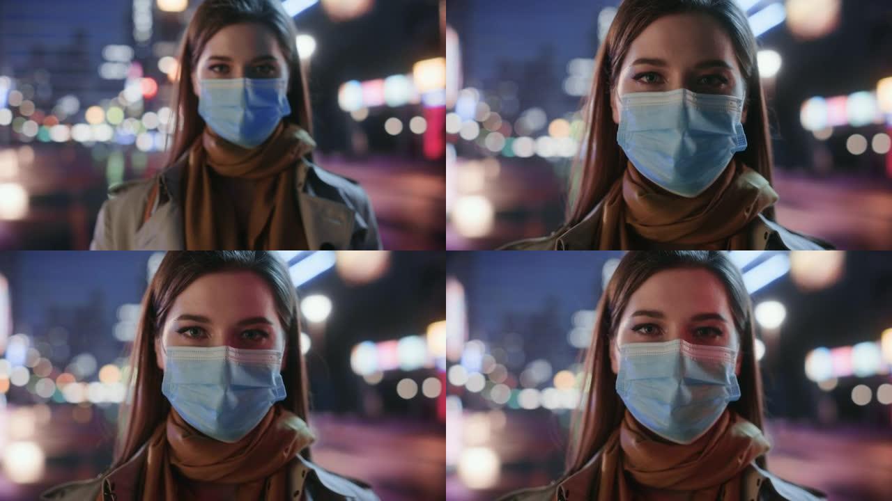 晚上站在霓虹灯的现代城市街道上，一个穿着风衣戴着防护口罩的美女的肖像。女性在城市电影环境中看着镜头。