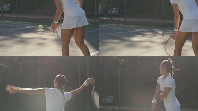 一名年轻女子在球场上打网球的4k录像