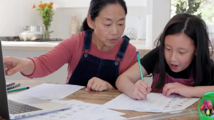 数学，在线教育和母亲帮助孩子或亚洲女孩写数字以促进发展，成长和家庭知识。日本家庭妈妈在笔记本电脑上教