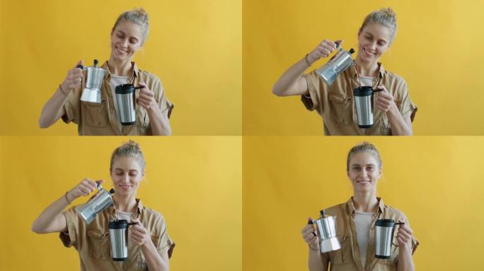 女孩将咖啡倒入可重复使用的热水瓶中的慢动作肖像，支持不浪费的想法