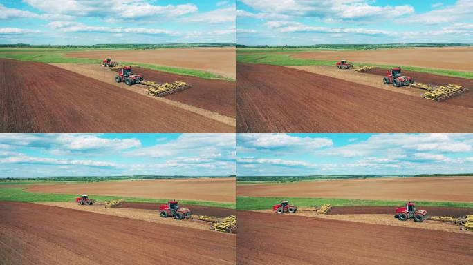 农用车正在播种大片田地