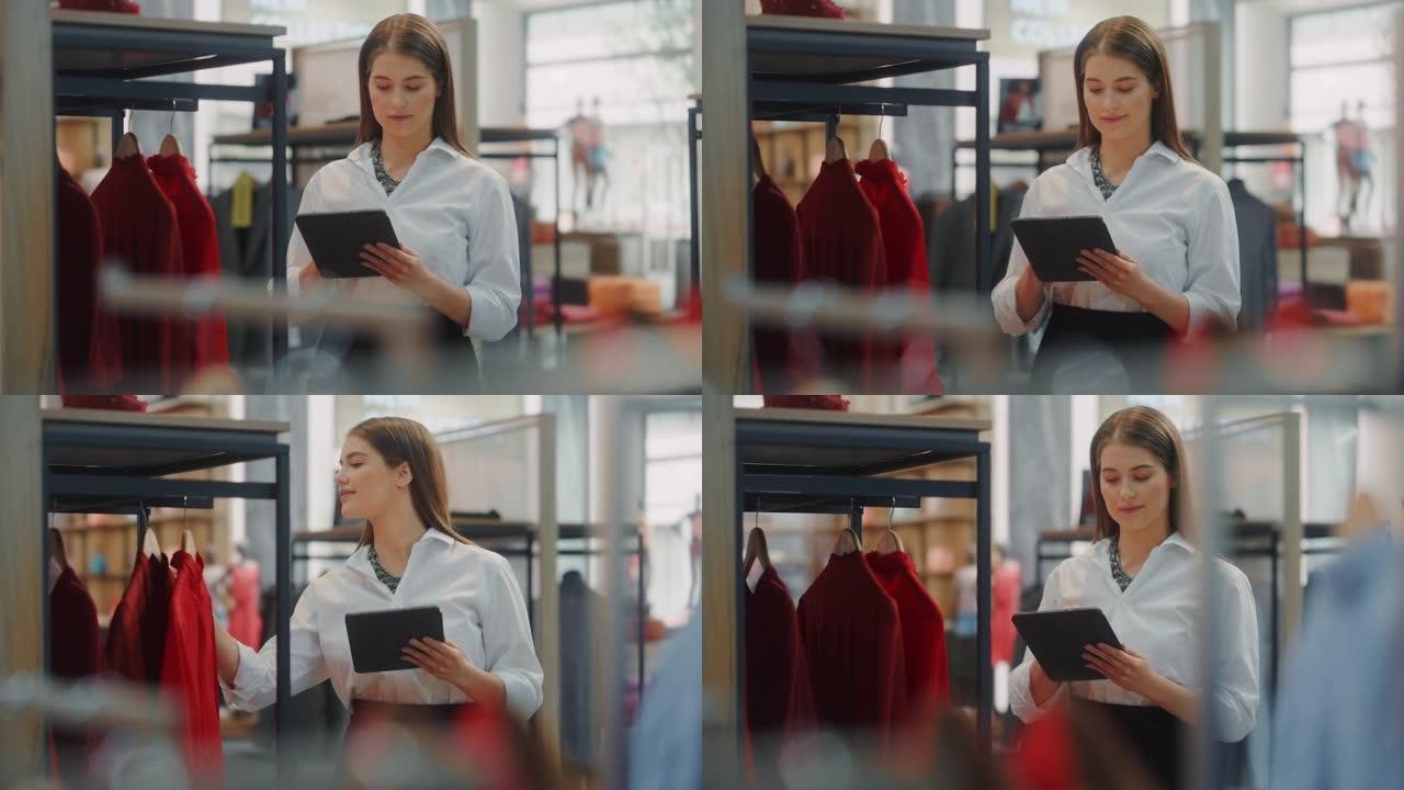 服装店: 女性视觉营销专家使用平板电脑打造时尚系列。时装店销售零售经理检查库存。小企业主订购商品