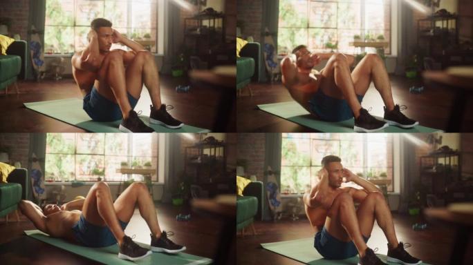 强壮的运动黑人在家庭健身房进行赤膊锻炼，做腹肌紧缩。健康的肌肉运动员保持健康，在家训练。汗水、决心和