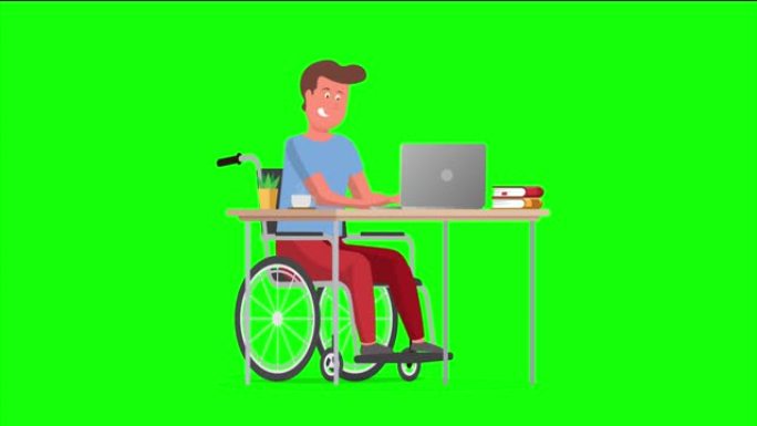 具有4k分辨率和色度键的动画视频，一个坐在轮椅上的残疾人卡通人物在办公室工作。有特殊需要的人的就业概