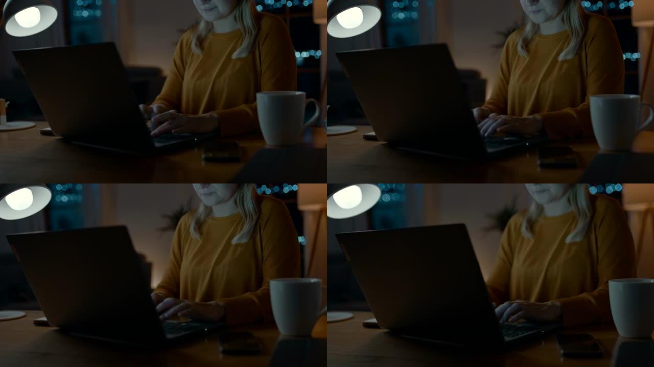 DS女人晚上在笔记本电脑上写字