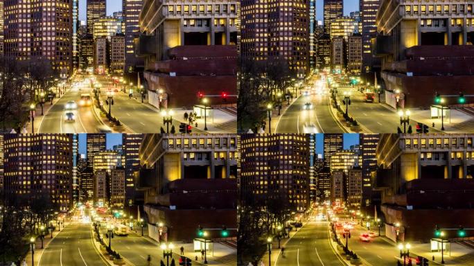 延时:鸟瞰图波士顿市政厅和公共市场在市中心的马美国黄昏