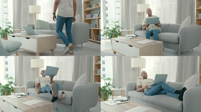 一名男子在家中放松时使用笔记本电脑的4k视频片段