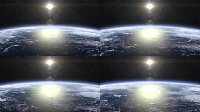 来自太空的地球。星星闪烁。地球正在接近。现实的氛围。体积云从太阳投下阴影。飞越地球。4K. 3D动画