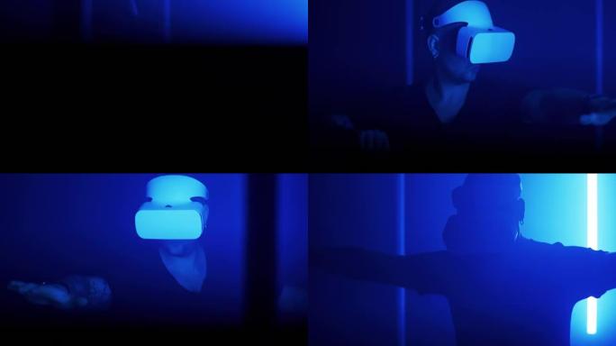 男性在闪烁的灯附近与虚拟现实互动