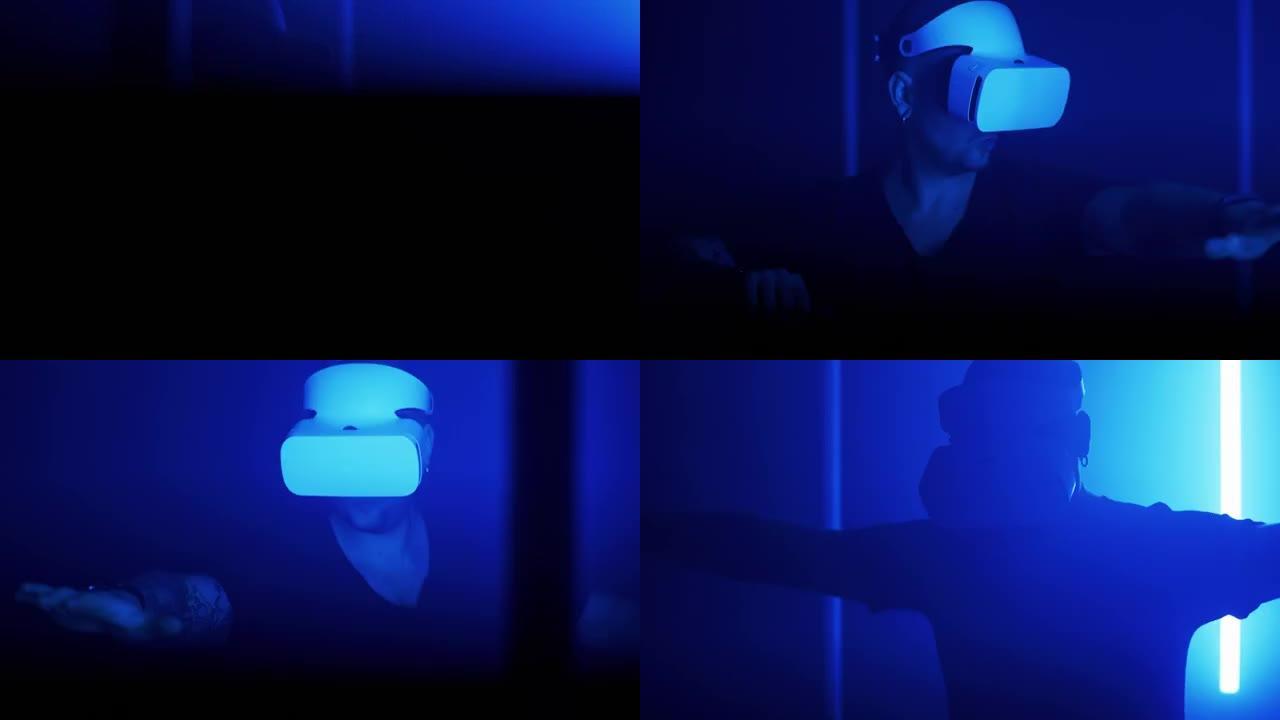 男性在闪烁的灯附近与虚拟现实互动