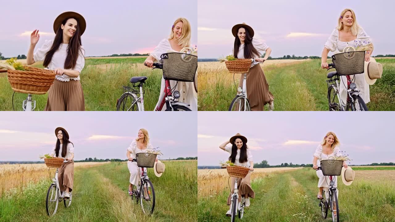 慢动作女性朋友骑自行车在乡下闲逛