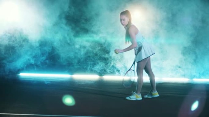 Lady player正在用球拍玩网球