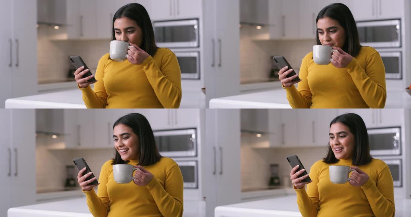 一名年轻女子使用智能手机在家喝咖啡的4k视频片段