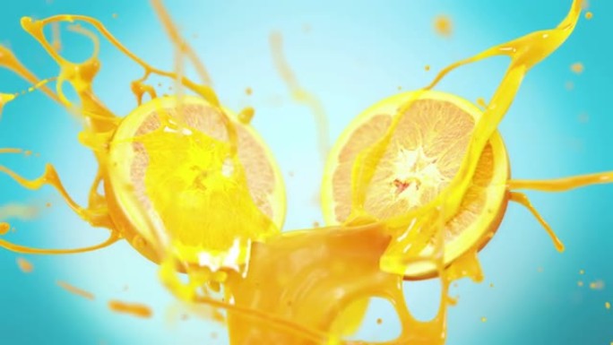 慢动作4K的新鲜橙色水果喷出果汁