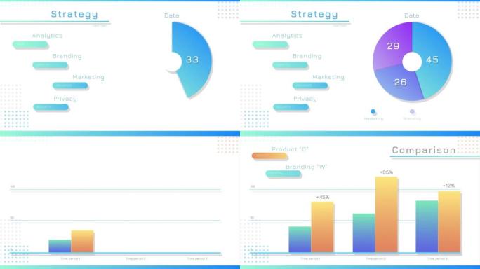 具有分析，营销，品牌和隐私目标的业务战略演示模型。带有白色背景和蓝色文本和图表的主题幻灯片。计算机显
