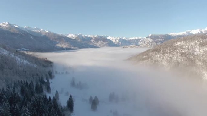 无人机: 浓雾笼罩着壮观的雪山山脉下的山谷。