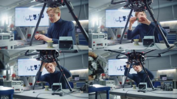 年轻的白人男性工程师在实验室设计无人机时，将处理器放在无人机上，然后在笔记本电脑上打字。无人机设计理