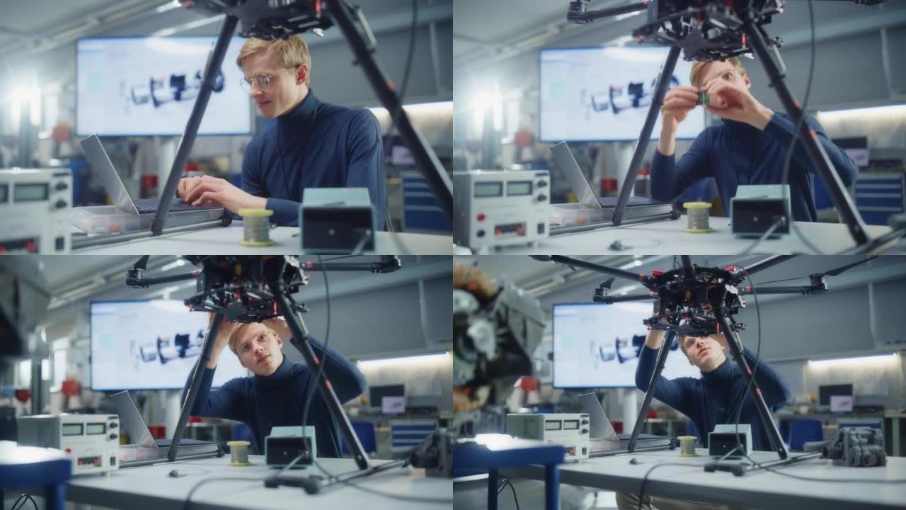 年轻的白人男性工程师在实验室设计无人机时，将处理器放在无人机上，然后在笔记本电脑上打字。无人机设计理