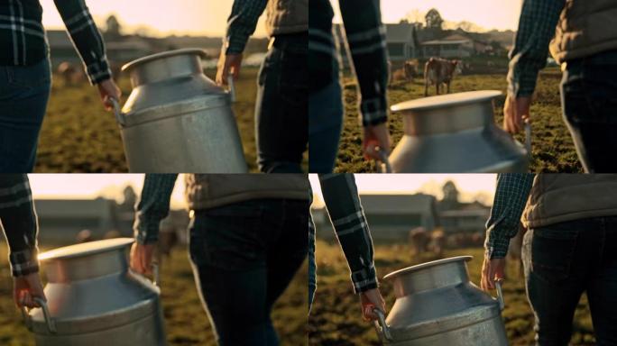 SLO MO夫妇在牧场上携带一桶牛奶