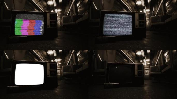 老式电视机在空的地下地铁车厢内关闭屏幕。棕褐色色调。