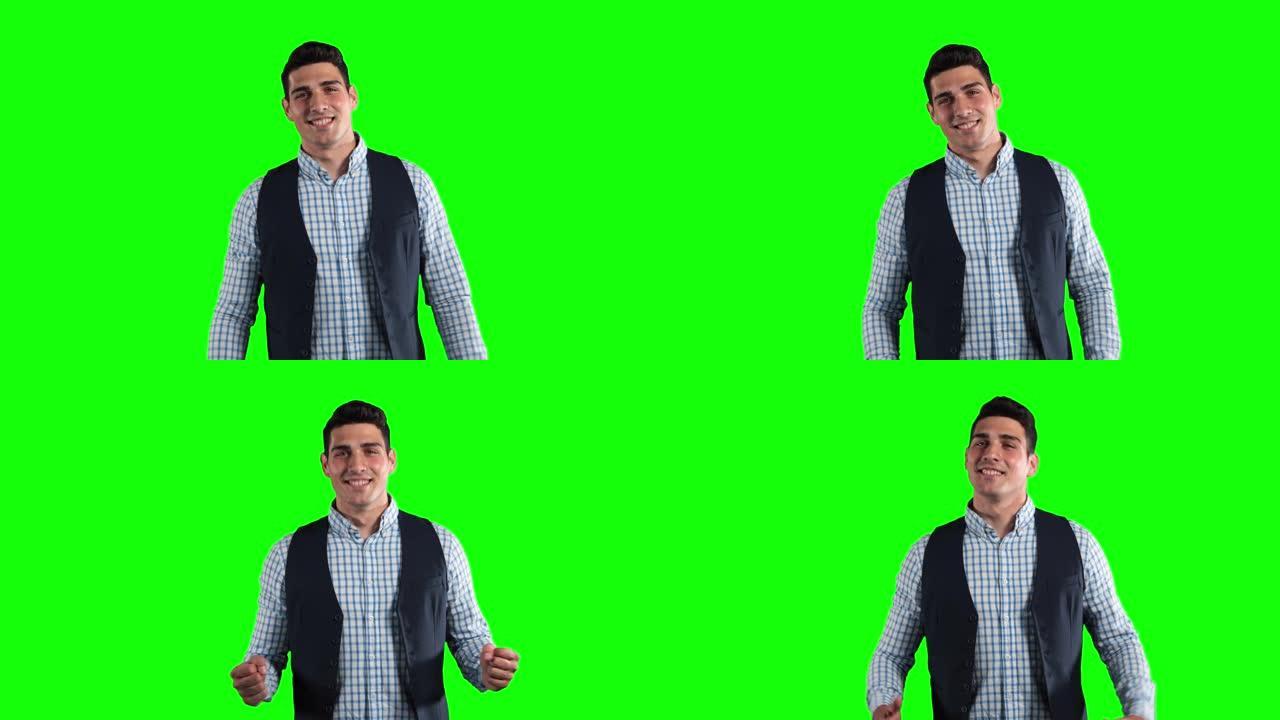 一个白人男子在绿色背景下说话的动画