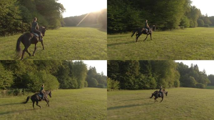 空中: 女性骑马骑手在日出时疾驰的无人机观点。