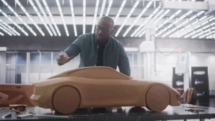 黑人创意汽车设计师正在用聚合物造型粘土制作原型车。专注于专业的非洲建模师考虑3D雕塑，深思熟虑地看着