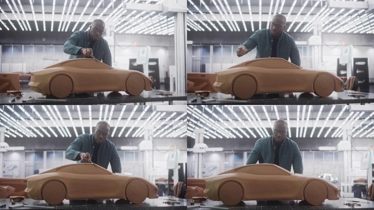 黑人创意汽车设计师正在用聚合物造型粘土制作原型车。专注于专业的非洲建模师考虑3D雕塑，深思熟虑地看着