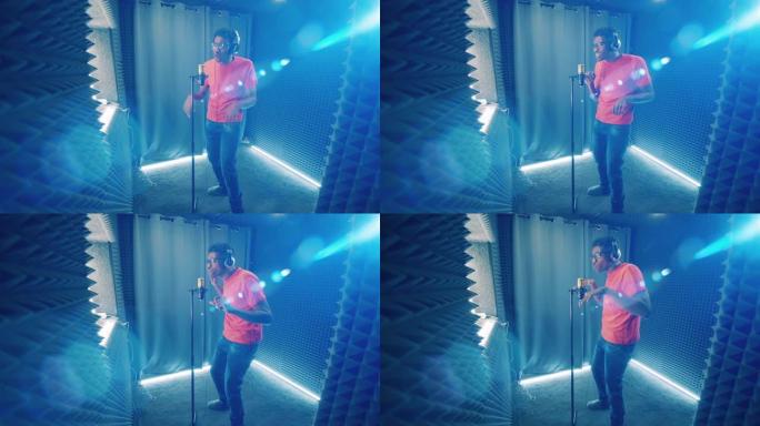 录音棚里有一个非裔美国人热情地唱歌