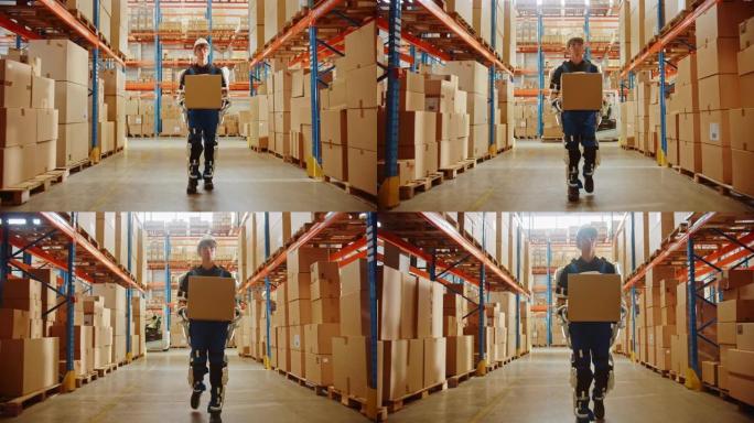 高科技未来派仓库: 工人穿着先进的全身动力外骨骼，带着沉重的纸箱行走。包裹递送Exosuit放大了人