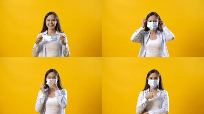 美丽的亚洲女子戴上防护医用口罩