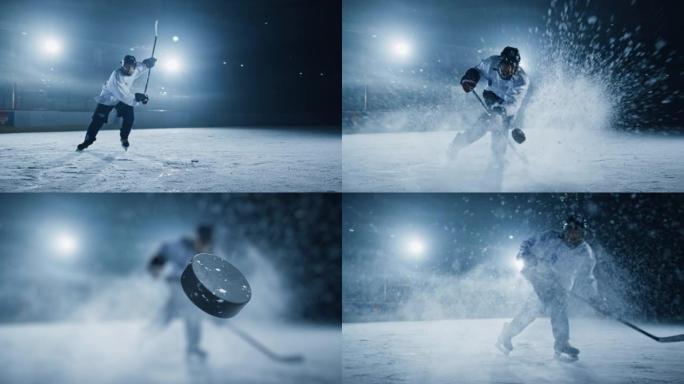 冰球场竞技场: 专业人士用曲棍球棒射击冰球。3D动画飞球有品牌标志插入的跟踪标记。进球。宽镜头，电影