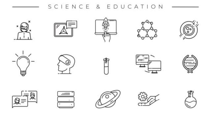 科学和教育主题阿尔法频道上的一组黑线图标。