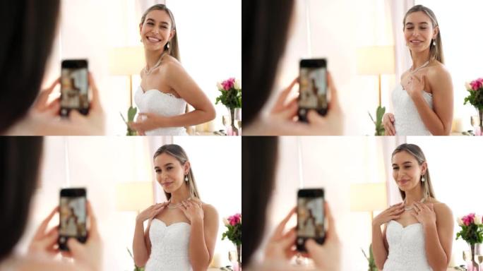 婚礼、珠宝和一个女人在智能手机上拍照，拥有时尚、奢华和自信的快乐肖像。年轻的新娘带着连衣裙、钻石项链